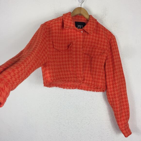 Zara Orange Houndstooth Matching Set Crop Jacket Shorts Small Tweed Co-ord - Picture 6 of 13